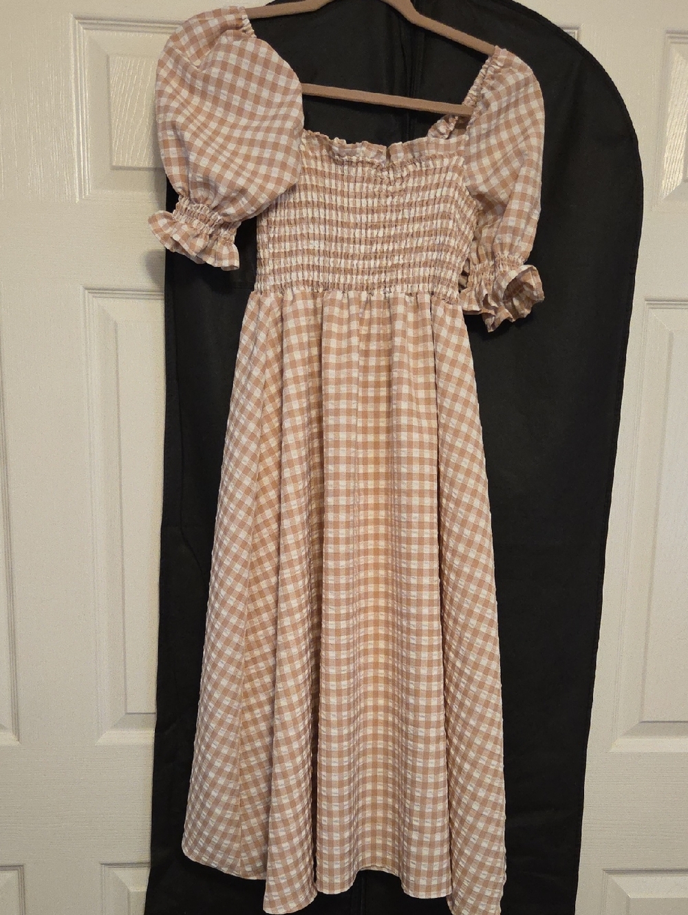 Petal & Pup Beige and White Gingham Smocked Midi Dress